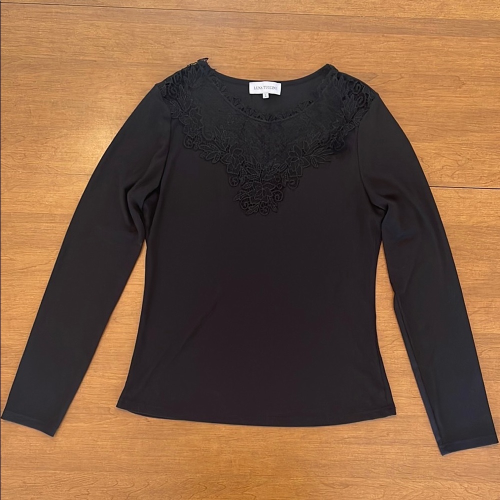Luna Tuccini Black Fitted Lace Detail Top Blouse Women’s Size L Romantic Goth
